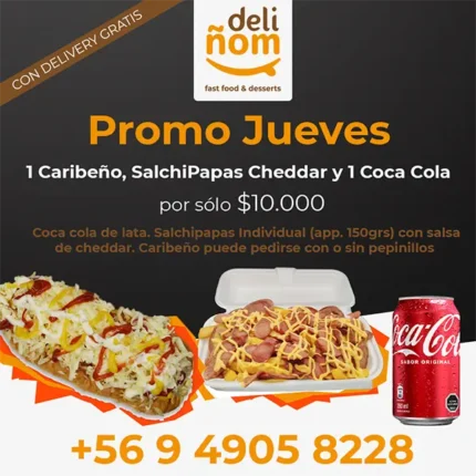 Promo Jueves - 1 Caribeño, 1 Salchipapas Cheddar y 1 Coca Cola con Delivery Gratis
